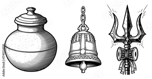 Hindu Puja Symbols Kalash Bell and Trishul Vector