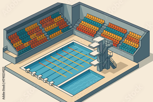 Spectator illustration platforms stands swimming diving colorful vector arena pool lanes stadium