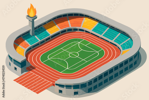 Illustration vector seating vibrant tracks torch sections running wide isometric stadium olympic