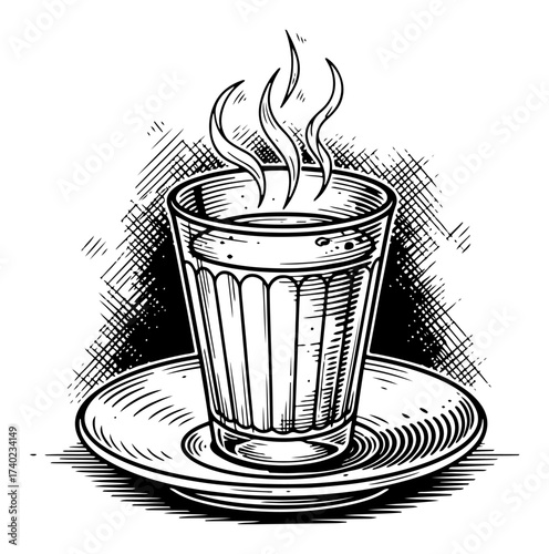Steaming Masala Chai Glass Vintage Sketch