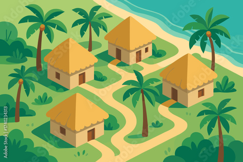 Palm vector illustration tropical thatched trees sandy huts shore footpaths village