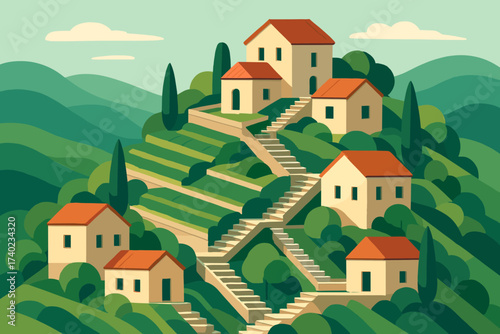 Gardens hillside houses views panoramic village hilltop vector stairways isometric terraced illustration