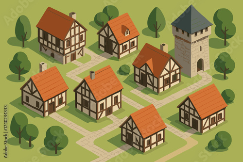 Stone frames roads small watchtower timber village houses isometric illustration medieval vector