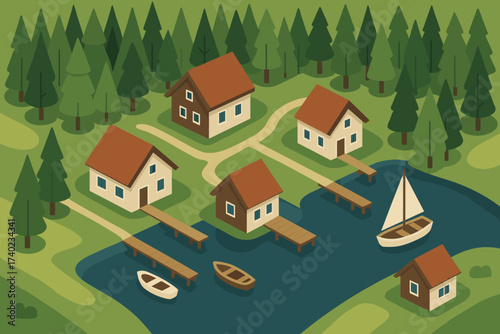 Surrounding homes pine forest piers village illustration lakeside boats wooden vector serenity