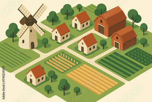 Village isometric barns edge cottages windmill nearby small crops vector scene fields