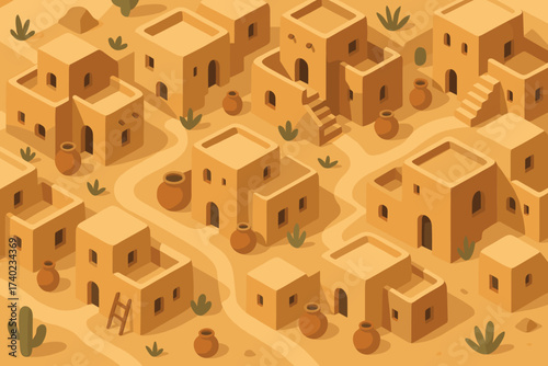 Pots adobe illustration houses desert winding paths narrow clay vector village settlement