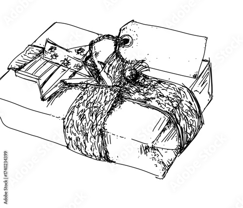 Elegant hand-drawn sketch of a beautifully wrapped gift ready for a special occasion, perfect for holiday cards and festive designs, conveying joy and celebration