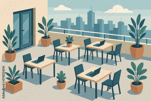 Tables office view illustration oasis plants potted rooftop terrace vector laptops skyline