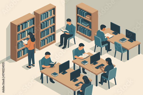 Bookshelves people computers quiet desks vector quietly corner illustration reading library