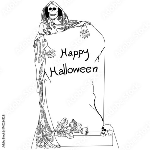Spooky Halloween illustration featuring a grim reaper leaning on a tombstone with roses, adding a touch of haunting elegance to your festive projects