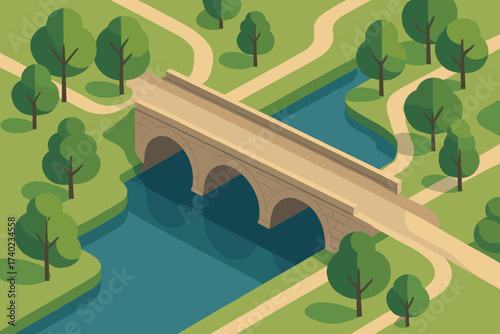 Trees both calm vector illustration bridge river arch sides stone