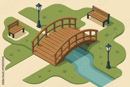Stream illustration wooden benches nearby vector pedestrian bridge isometric crossing lanterns small