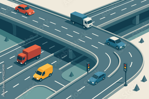 Cars isometric traffic illustration trucks overpass lights highway merging roads vector