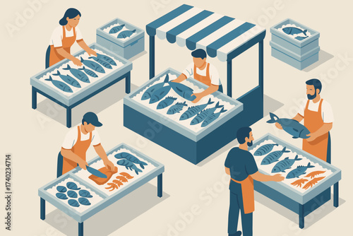 Market preparing ice seafood isometric illustration vector stalls sellers fish boxes