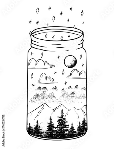 Enchanting mountain scene inside a mason jar, a whimsical nature escape, perfect for creative projects and expressing love for the outdoors, originally vector graphics