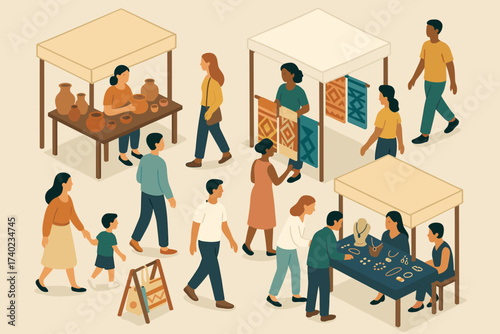 Exploration stalls jewelry vector craft pottery fair illustration handmade visitors textiles