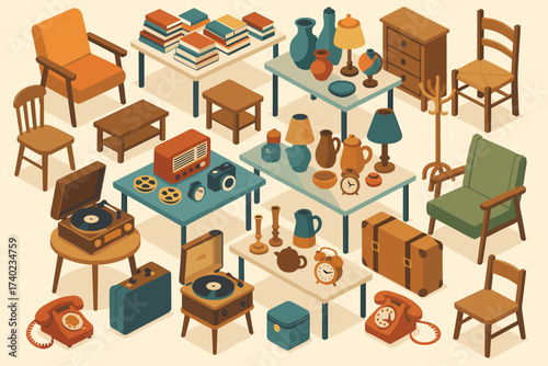 Vector illustration furniture books flea secondhand goods market scattered vintage finds