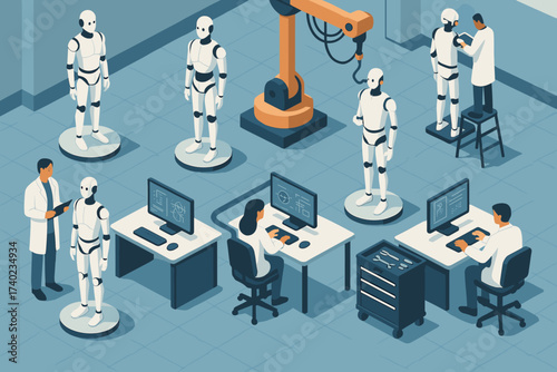Robots engineers futuristic robotics humanoid carts illustration computer tool vector stations lab