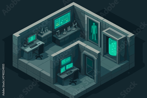 Screens glowing lab walls research reinforced vector illustration chambers secret underground