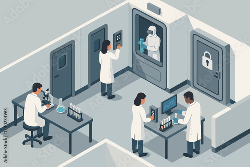 Laboratory illustration scanners lab biometric scientists isometric locked working scene vector chambers