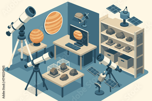 Science samples rock vector telescopes planetary satellite models illustration lab