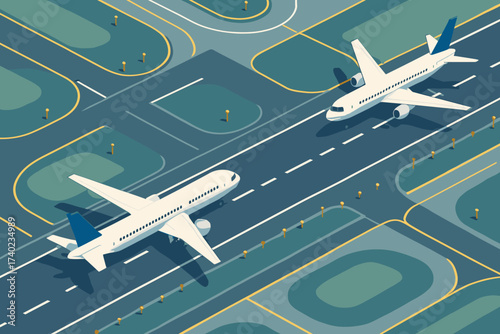 Illustration airplanes isometric landing runway surrounded taxiways scene off airport vector lights