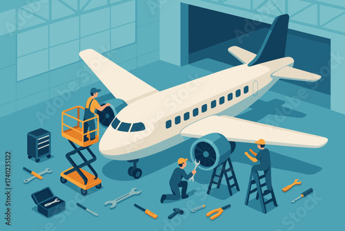 Scattered vector illustration tools repairing airplane hangar engineers engines airport maintenance