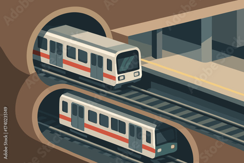 View subway moving parallel scene tracks isometric underground illustration trains vector tunnels