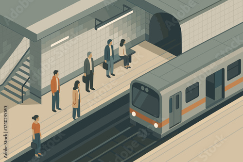 Scene station illustration underground isometric vector waiting passengers train walls platforms subway