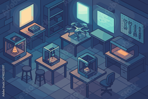 Illustration laser drones vector panels makerspace printers workshop futuristic cutters glowing
