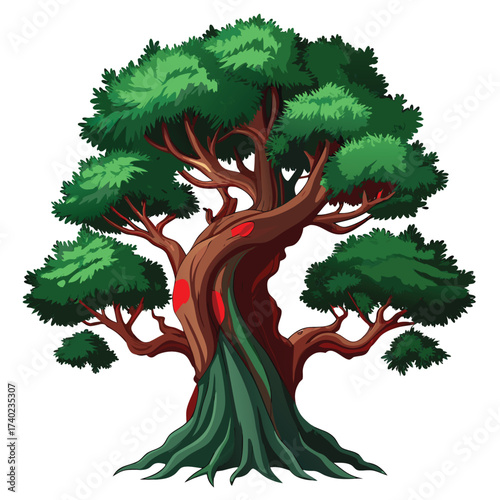 Ancient yew tree with a massive, twisted trunk and dense dark evergreen foliage, showing age and natural majesty in a simple, isolated vector illustration.