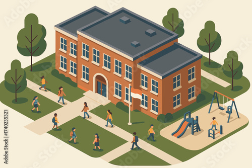 Isometric school large around playground flagpole children scene brick vector walking illustration