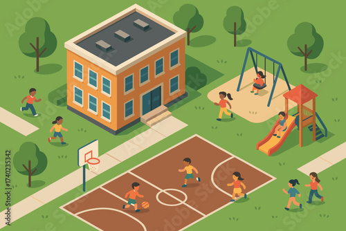 Playing vector court illustration fun schoolyard kids swings basketball simple playground outside