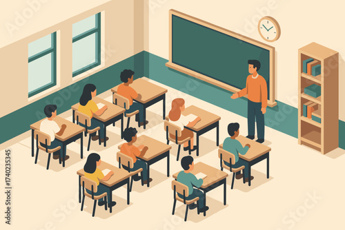 Desks interior attentively scene isometric vector sitting classroom illustration students chairs chalkboard