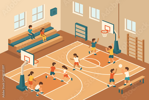 Bleachers playing illustration children vector gymnasium hoops sports basketball isometric school gym