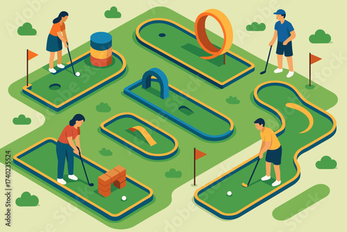 Aiming illustration holes golf colorful flags course vector players adventure mini