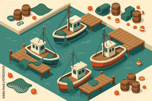 Wooden isometric boats barrels docks tied buoys scene scattered harbor nets vector