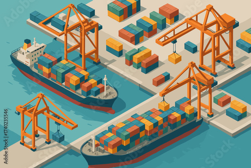 Stacked illustration isometric scene cranes harbor vector containers ships piers unloading docked