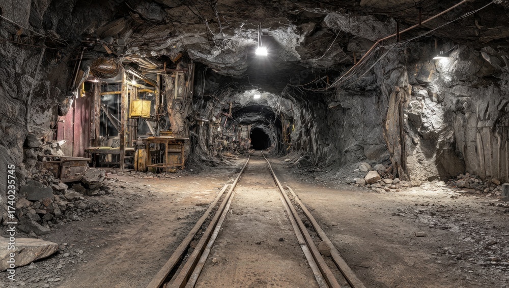 Naklejka premium A dimly lit, long mine shaft with rails disappearing into darkness, old equipment visible