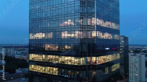 Office Building at Dusk: Workers Inside, City View