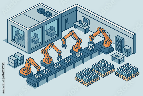 Arms robotic electronics clean illustration pallets isometric factory plant assembly vector rooms
