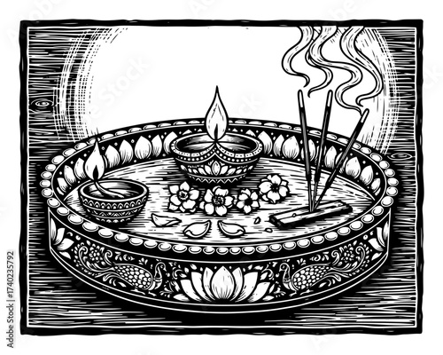 Puja Thali with Diya and Incense Woodcut Illustration