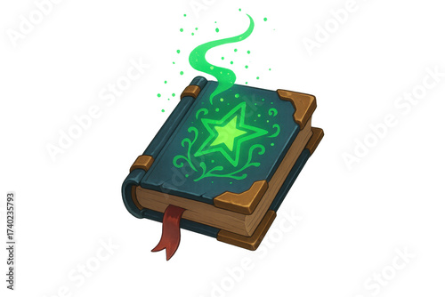 Enchanted spellbook glowing green with magic star