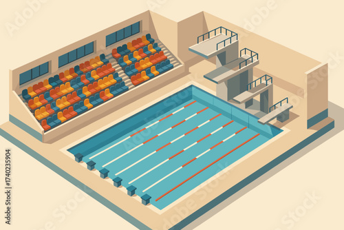 Vector spectator platforms lanes stands swimming illustration pool diving arena