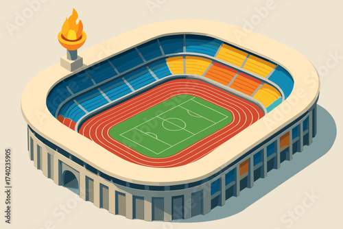 Illustration wide vibrant sections stadium tracks vector seating torch olympic isometric running