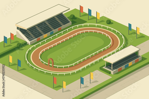 Racing colorful banners grandstands oval illustration vector circuit track isometric horse