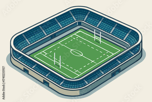 Vector surrounding illustration seats stadium isometric rugby audience field turf posts green