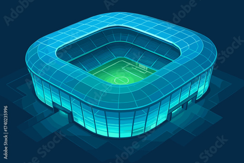 Isometric illuminated futuristic illustration stadium arena field seating panels vector glowing