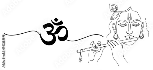 Om with Krishna Flute Minimal Line Art
