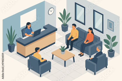 Desk lounge reception modern visitors vector area seating office waiting illustration front